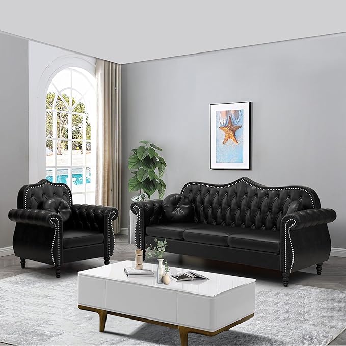 AVZEAR Chesterfield 2-Piece Living Room Sectional Sofa Set Mid-Century Modern Upholstered PU Sofa Couch Classic Tufted Button Sofa with Nailhead Trim for Living Room Office (1+3 Seat Black)