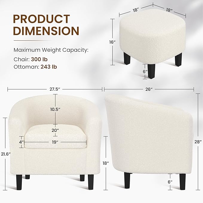 Yaheetech Accent Chair and Ottoman Set Modern Fuzzy Sherpa Barrel Chair and Footrest Comfy Boucle Armchair and Footstool for Living Room/Bedroom/Reading Room/Guestroom Ivory