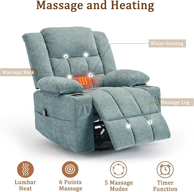 Adult 360° Swivel Rocking Recliner Nursery Rocking Chair with Massage and Heating Function Cup Holder Manually Adjustable Seat for Living Room and Bedroom (Fabric Lake Blue)