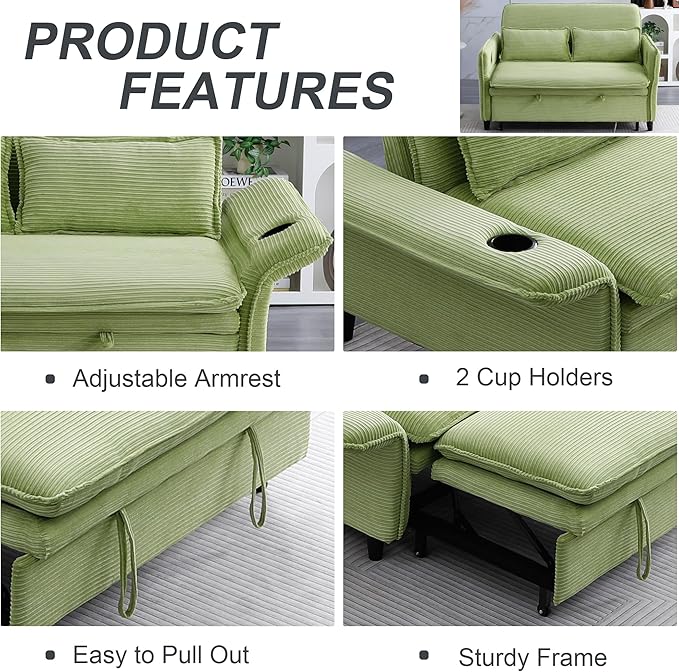 3 in 1 Convertible Sleeper Sofa Bed Loveseat Sleeper 65” Pull Out Couch Adjustable Armrest and Backrest with 2 Pillows for Living Room Bedroom (Green)