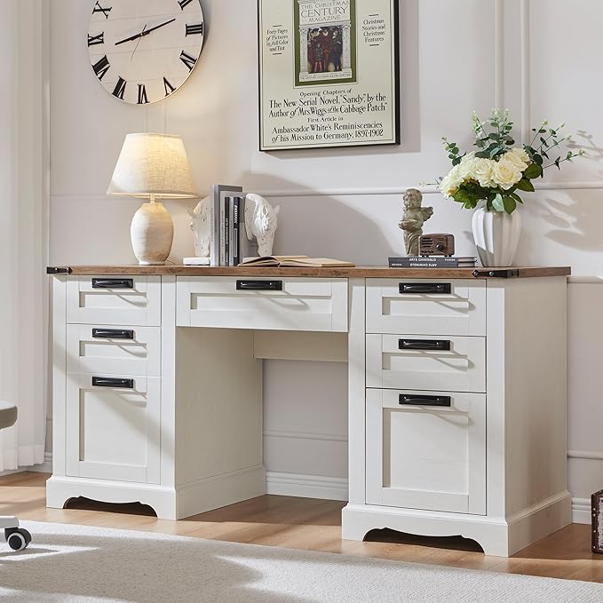 RedLemon 60 Farmhouse Executive Desk Home Office Desk with Drawers Charging Station Keyboard Tray File Drawer Storage Cabinet Wood Rustic Computer Writing Desk (Antique White)