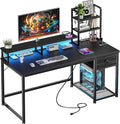 44 Inch Gaming Desk with Hutch and DrawersReversible Computer Desk with Monitor ShelfHome Office Desks with USB Power Outlets and StoragePc Small Gaming Desk for Office with LED LightsBlack