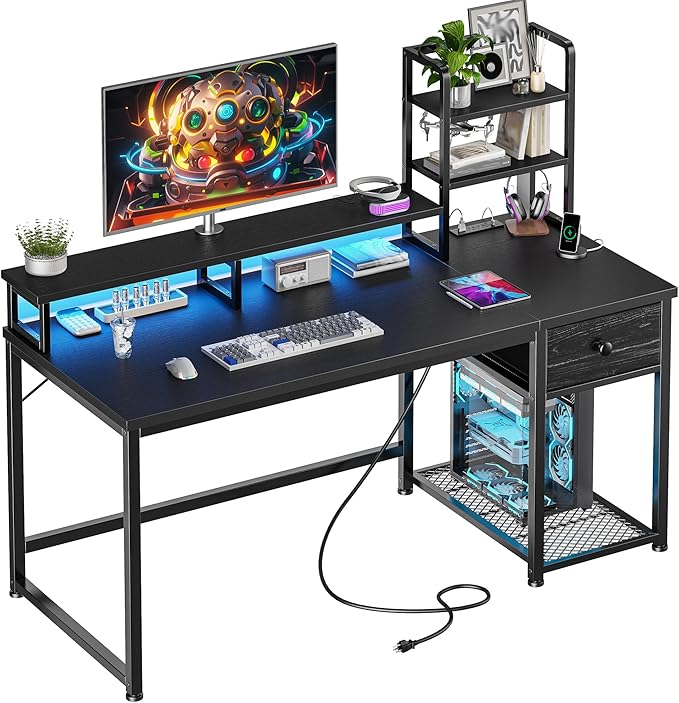 44 Inch Gaming Desk with Hutch and DrawersReversible Computer Desk with Monitor ShelfHome Office Desks with USB Power Outlets and StoragePc Small Gaming Desk for Office with LED LightsBlack