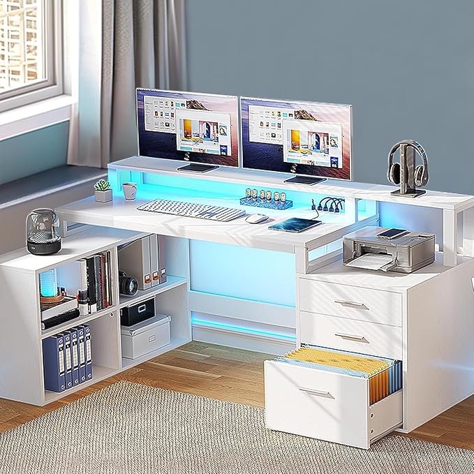 DWVO L Shaped Desk with 3 Drawers 65 Corner Computer Desk with Power Outlets &amp LED Lights L-Shaped Desk with File Cabinet &amp Printer Stand for Home Office White