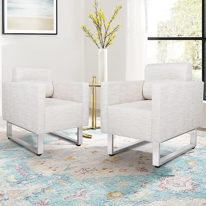 Modern Leather Accent Chair Set of 2 for Living Room Oversized Single Sofa Chair with Stainless Steel Frame Comfy Side chair with Wide Backrest and Armrests for bedroom Office Waiting Room White