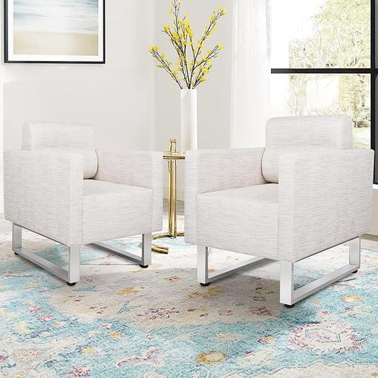 Modern Leather Accent Chair Set of 2 for Living Room Oversized Single Sofa Chair with Stainless Steel Frame Comfy Side chair with Wide Backrest and Armrests for bedroom Office Waiting Room White