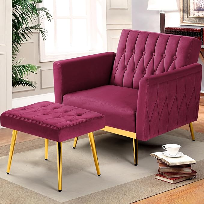 Velvet Accent Chair with Adjustable Armrests and Backrest Button Tufted Lounge Chair Single Recliner Armchair with Ottoman and Pillow for Living Room Bedroom Fuchsia