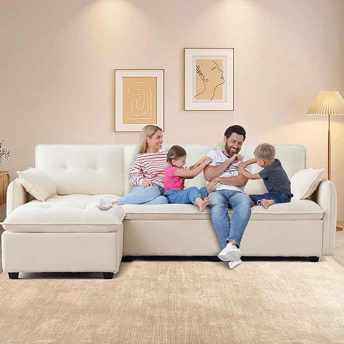 Oversized Modular Sectional Sofa with Ottoman 96.5 Inch 3 Seat Deep Seat Chenille Couch Convertible L Shaped Sofa with Pillows Comfy Seating Couch for Living Room Apartment Office (Cream)