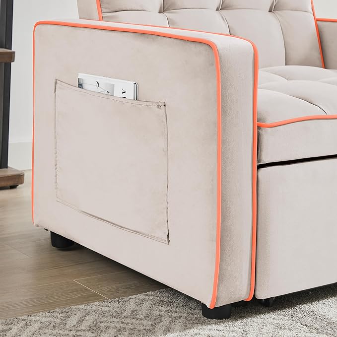 3-in-1 Velvet Chair-bed Adjustable Backrest Pull-out Chaise Lounger Tufted Cushioning Side Organizer Pocket Space-saving Convertible Seating for Living Room Apartment Guestroom Office (White)