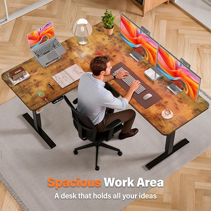 Kingant L-Shaped Standing Desk 63 x 55 Inch Large Adjustable Corner Desk with Charging Station Electric Sit Stand Up Computer Desk for Home Office(Rustic Brown)