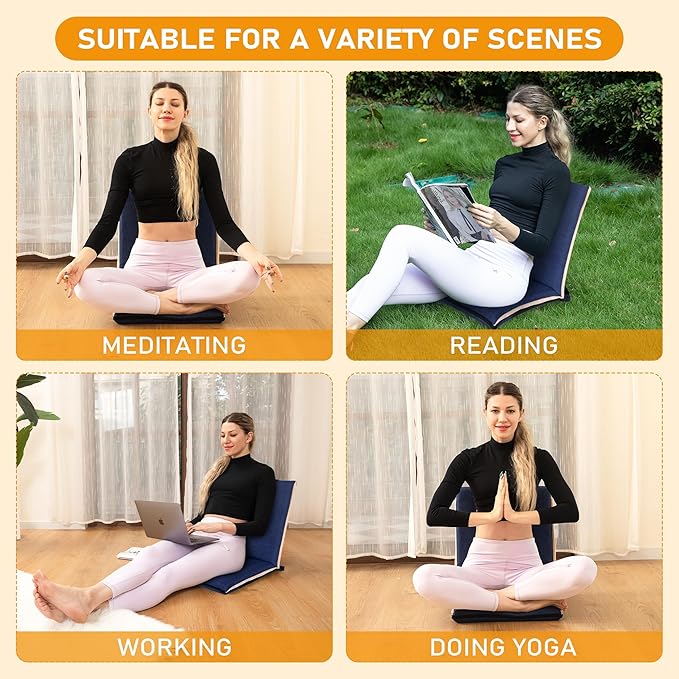 14-Position Adjustable Floor Chair with Back Support - Portable Gound Seating for Adults &amp Kids Foldable Meditation Chair with Japanese KOYO Bearings &amp Washable Linen Cover (Blue)
