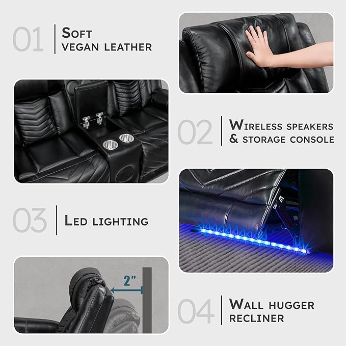 Lexicon Wall Hugger Power Double Reclining Loveseat with Console Faux Leather Home Theater Seating with LED Lighting Charging Ports Bluetooth Speaker Wireless Cup Holders Hidden Storage Black