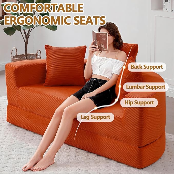 67” Foldable Couch Bed Corduroy Round Floor Couch with 3 Comfy Pillows 2 in 1 Convertible Sofa Bed for Living Room Apartment 380 LBS Capacity No Assembly (Orange)