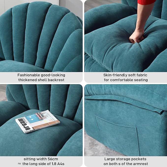 Swivel Rocker Recliner Chair – Shell Shape Manual Big Tall Single 360° Swivel Reclining Sofa with Storage Pockets | Small Space-Friendly for Living Room/Bedroom (NO Massage &amp Heat Green)