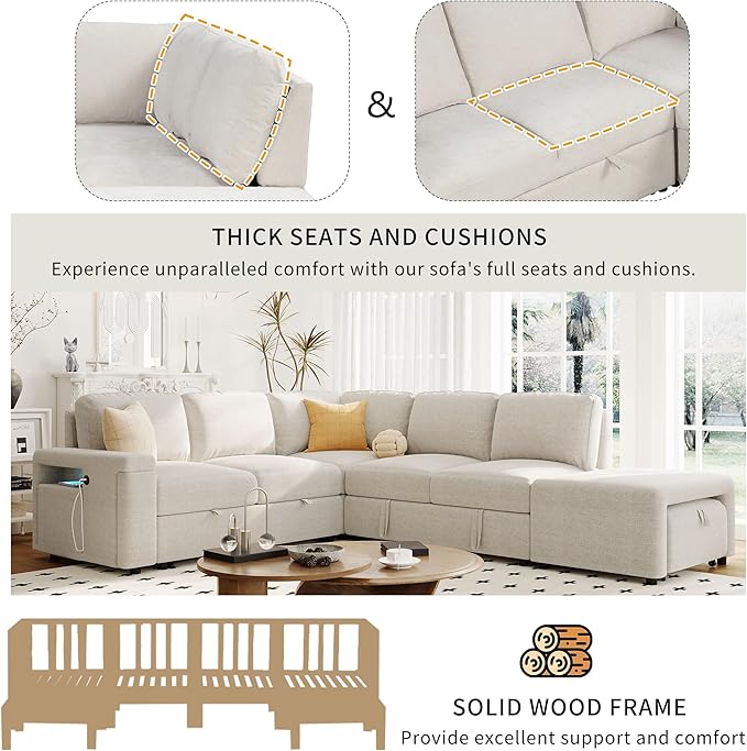 Convertible Sleeper Sectional Sofa with Pull-Out Bed and Storage Space &amp Ottoman Armrest w/USB Ports &amp Cup Holders Corner 6 Person L-Shape Modular Couch for Living Room Apartment (Beige)