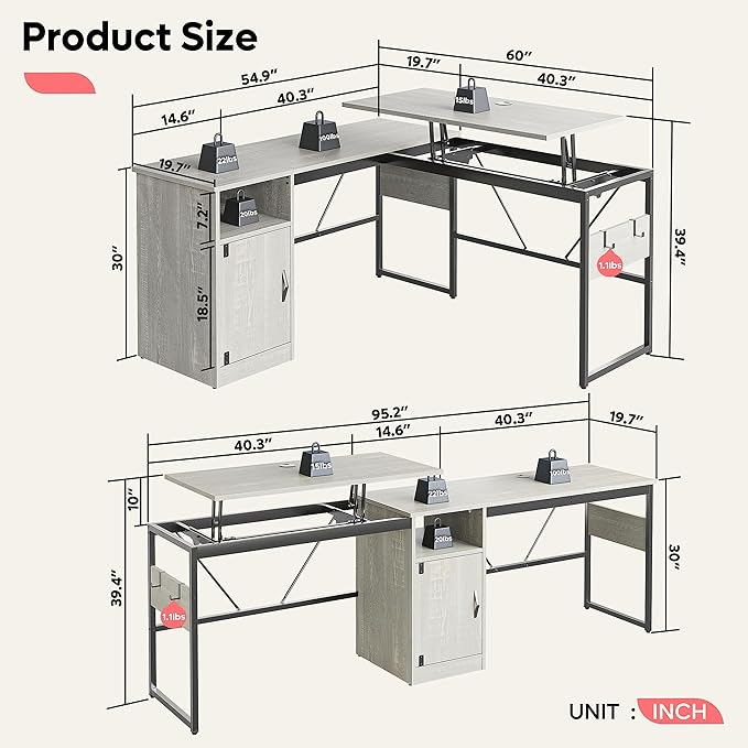 Bestier Versatile 60 Inch L-Shaped Standing Desk Lift Top Corner Desk Extending to 95 Inches with Storage Cabinet and Hooks for Home Office Washed White