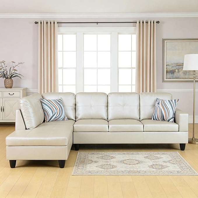 103.5 Inch Modern L-Shaped Couch PU Leather Sectional Sofa with Chaise Lounge 4-Seater Couch with Accent Pillows for Living Room Apartment Bright Light Grey