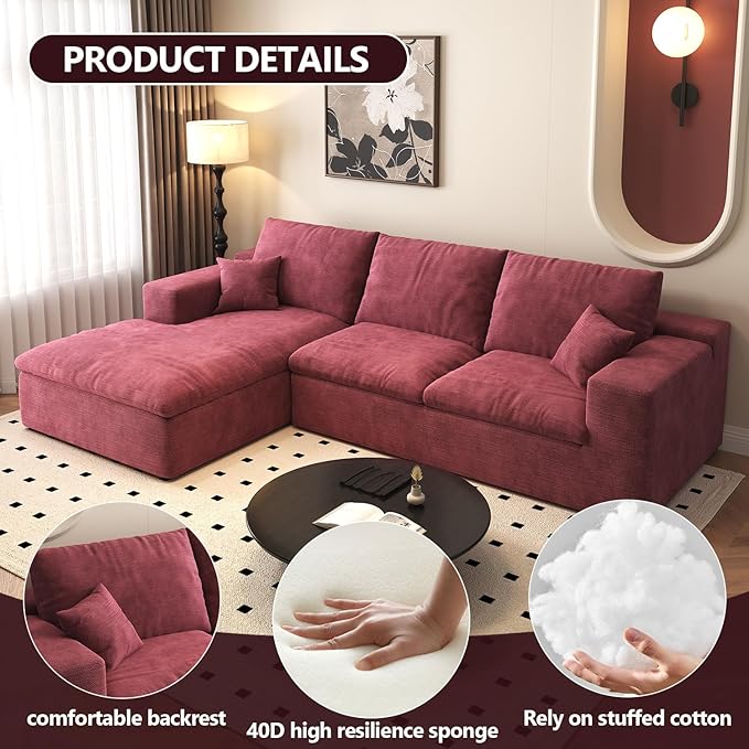 107'' L-Shaped Modern Modular Sectional Cloud Couch 4-Seat Chenille Deep-Seat Sofa with Pillow for Living Room Bedroom Apartment Wine Red