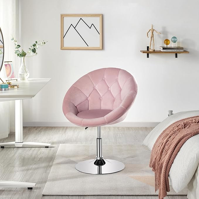 Yaheetech Adjustable Vanity Chair with Round Tufted Back Swivel Velvet Salon Chair for Bedroom Living Room Office Pink