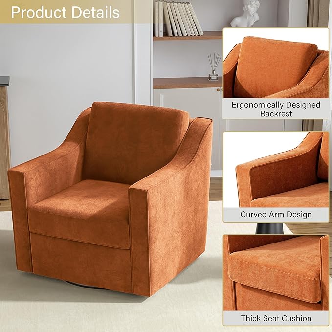 Swivel Accent Chairs Set of 2 360° Swivel Upholstered Club Armchairs for Living Room Comfy Single Sofa Reading Chair with Deep Seat Metal Swivel Base Chenille Fabric Orange