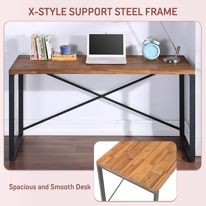 northbeam Concord Live Edge Solid Wooden Desk – Acacia Hardwood Desk with Industrial Steel Frame Spacious Workstation for Home Office Study with X-Brace Support Durable Writing Table