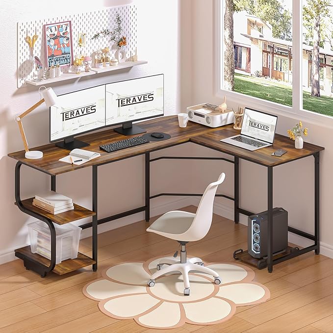 Teraves Reversible L Shaped Desk with Large Surface 69 Inch Sturdy Corner Desk with Storage Shelves Premium Office Computer Desk Workstation for Home Office Gaming