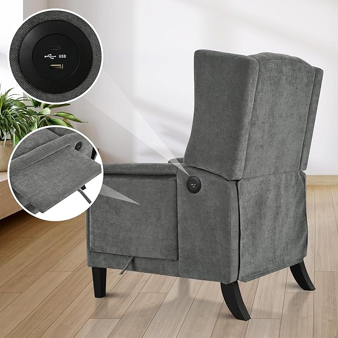 Pushback ReclinerComfortable Wingback Sofa Chair with Adjustable Backrest Tufted Fabric Upholstered ArmchairRetro Rivets Decorated Recliner for Living Room Bedroom Office Home Theater (USB Gray)