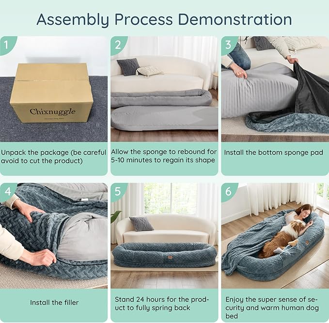 Human Dog Bed for Adult - Luxury Faux Fur Giant Size Dog Bed with Portable Handle Egg Orthopedic Foam with Blanket 72x40x10 Navy
