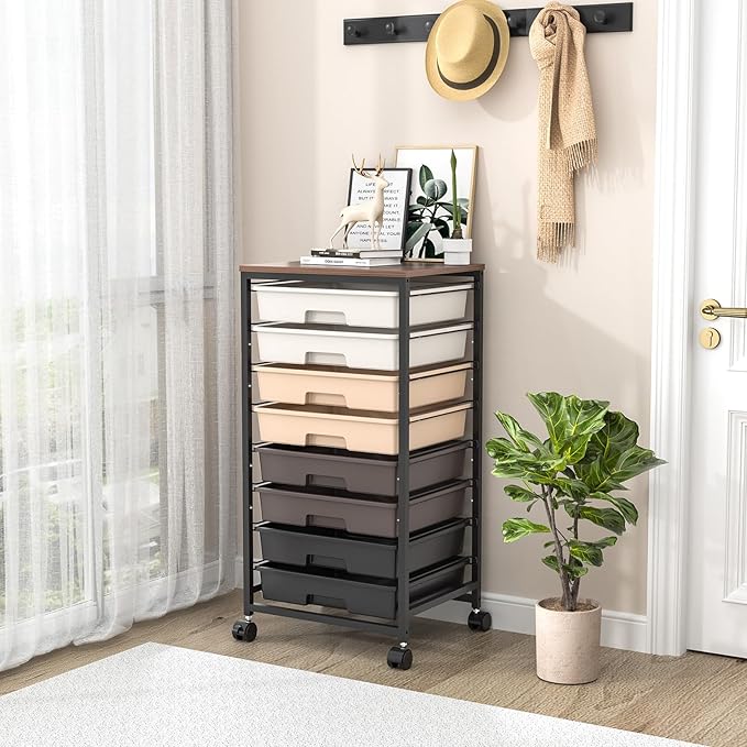 Rolling Storage Cart with Drawers Rolling Drawer Cart and Wooden TabletopStorage Drawer Cart for Living RoomClassroomBedroomBathroomDormOfficeBrown Gradient