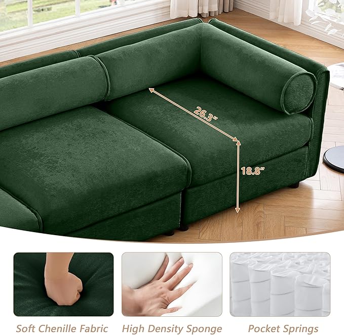 Oversized Modular Sectional Sofa 109 Chenille L-Shaped Sofa with Cylindrical Backrest &amp Armrest Modern Comfy 3-Seat Sofa with Ottoman Upholstered Deep Seat Couch for Living Room Green