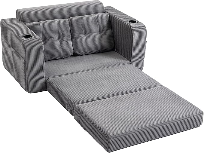 54 Convertible Sofa Bed 2-in-1 Boneless Folding Couch Bed with Cup Holder &amp Pocket Corduroy Fold Out Floor Couch with Pillows for Living Room Bedroom Small Spaces (Grey)