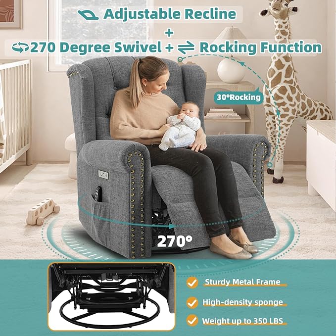 MEETWARM Power Swivel Rocking Glider Recliner Chair Electric Rocker Nursery Reclining Chair with Heat and Vibration Wingback Tufted Upholstered Recliner for Living Room Type-C and USB Ports (Grey)