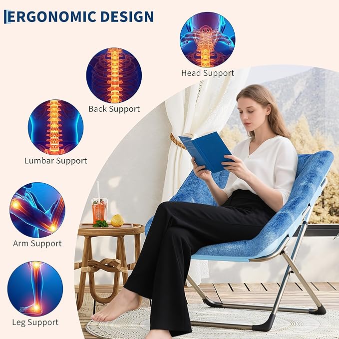 Collapsible Soft Faux Rabbit Fur Saucer Lounge Chair Comfy Lounge Lazy Chair Metal Frame Reading Chairs for Office Living Room Bedroom Small Spaces No Assembly Blue