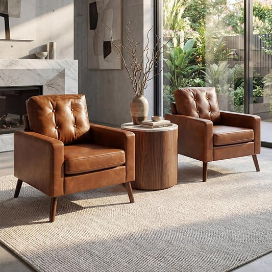 Brown Accent Chairs Set of 2 Faux Leather Tufted Single Sofa Oversized Club Chair Armchair Mid Century Modern Armchair with Wood Legs for Reading/Living Room/Bedroom