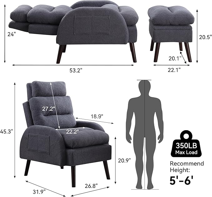 Accent Chair with Ottoman Comfy Reading Chair with Ottoman Set Modern Oversized Velvet Lounge Armchair with Adjustable Backrest for Living Room Bedroom (Teddy Blue Grey)