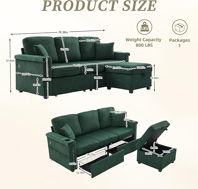 76.8 L-Shaped Sleeper Sofa with Storage Ottoman USB Ports Cup Holders&ampLED Lights Side Pockets Comfy Corduroy Modern 3-Seater Small Couch Bed for Living Room with 2 Throw Pillows (Emerald Gree