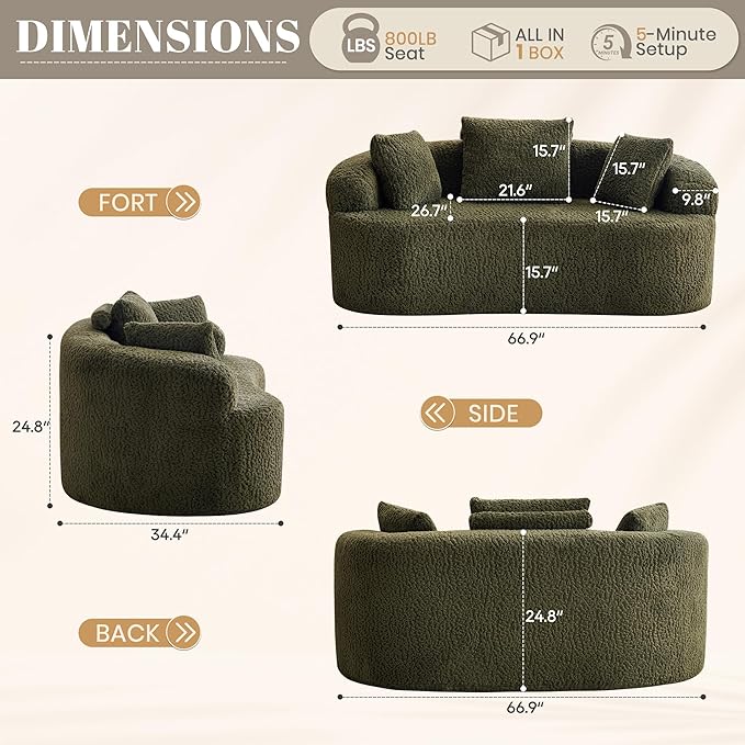 Premium Curved Loveseat Sofa Full-Compression 2-Seat Couch with Enhanced Back Support Modern Fabric Loveseat with Pillows Compact Luxury Sofa for Living Room or Apartment (Green)