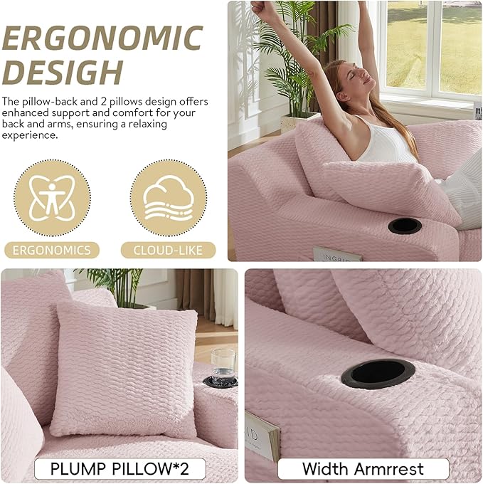 Oversized Chaise Lounge Chair - Upholstered Couch Cloud Boneless ChairDeep Seat Sleeper Sofa with Cup Holders and Side PocketsComfy Reading Chair for Living Room (Pink)