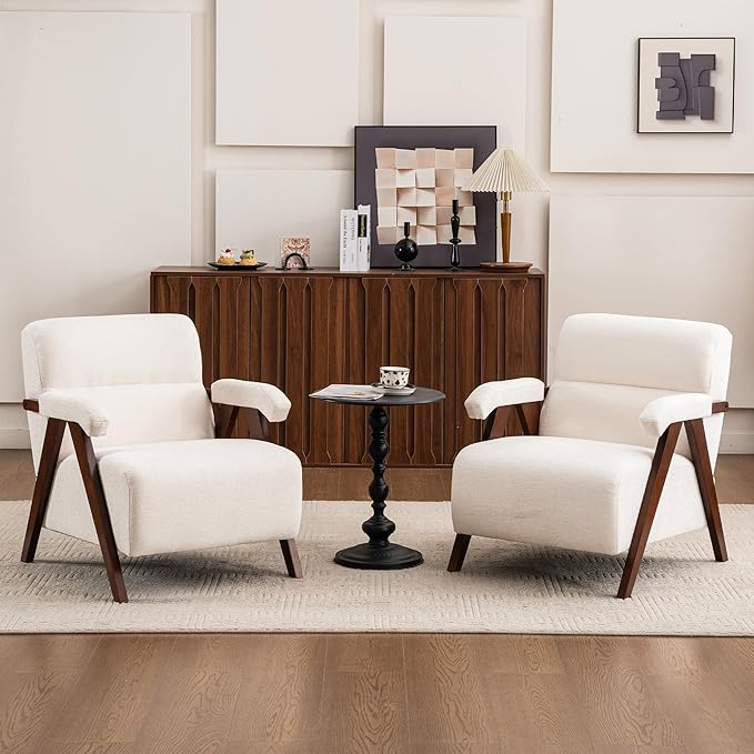 Accent Chair Set of 2 Mid Century Modern Living Room Chairs with Thick Cushion Comfy Upholstered Armchair Cozy Small Side Chairs for Reading Room Bedroom Ivory