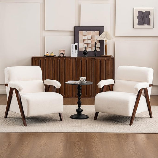Accent Chair Set of 2 Mid Century Modern Living Room Chairs with Thick Cushion Comfy Upholstered Armchair Cozy Small Side Chairs for Reading Room Bedroom Ivory