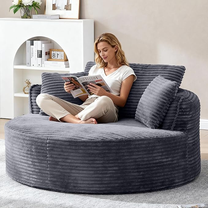 Oversized Round Chair Lounge Chaise Indoor 53.5 Corduroy Boneless Round Chair Fluffy Single Deep Seat Cloud Sofa Chairs Modern Circle Chaise Lounge for Bedroom Living Room Dark Grey