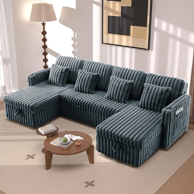 107 Sectional Sleeper Sofa with Pull Out Bed Comfy Fluffy Plush Corduroy Cloud Sectional Couches for Living Room U Shaped Modular Couch with Storage Chaise Cup Holder &amp USB Charger Dark Grey