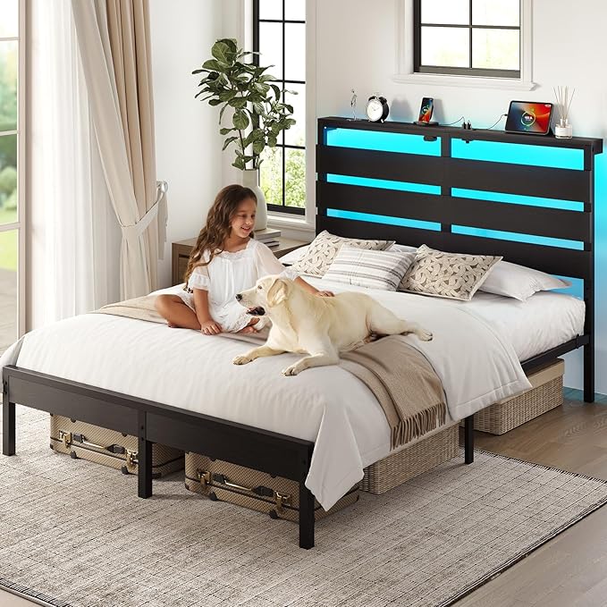 Rolanstar Full Size Bed Frame with LED Lights and Charging Station Wood Storage Headboard and Under Bed Storage Metal Platform Noise Free No Box Spring Needed Balck Oak