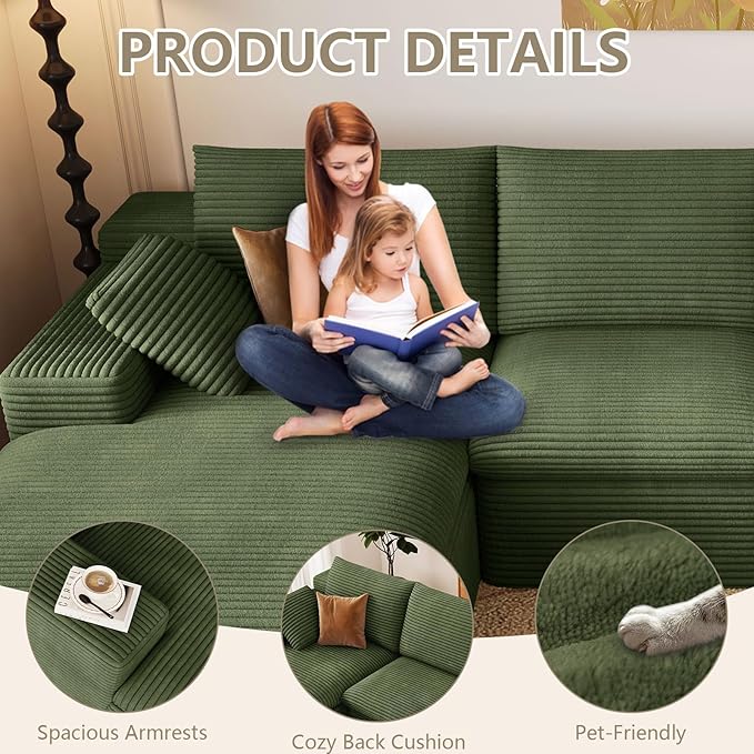 136 Cloud Couch Modular Sectional Couchs with Chaise Lounge L-Shape Boneless Couches for Living Room Corduroy Sofa with Deep Seat No Assembly Required (Green Left Facing Chaise)