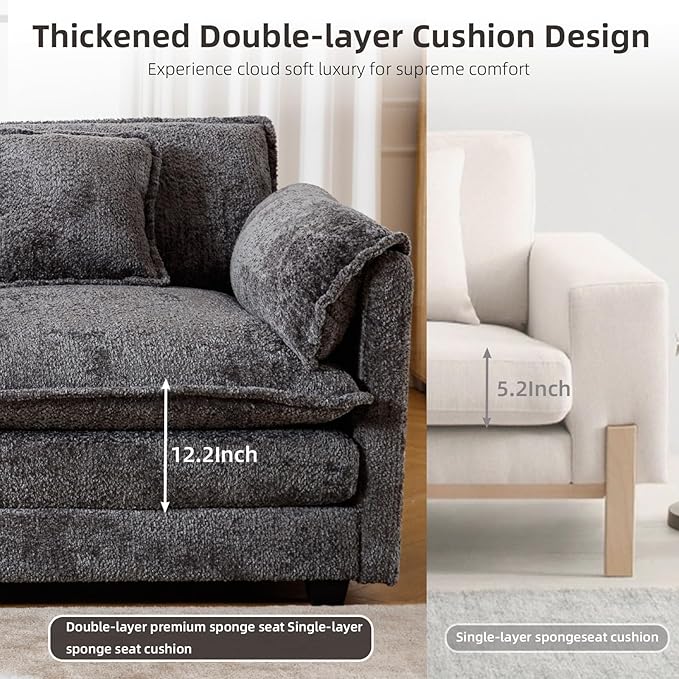 GNIXUU 112 Modular Cloud Couch Sofa Modern Chenille L Shaped Sectional Couches for Living Room Comfy Deep 4 Seater Sofa with Movable Ottoman &amp 2 Pillows(Gray)