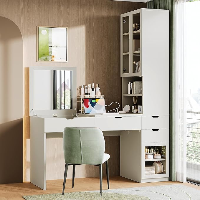 2-in-1 L-Shape Home Office Desk with Flip-top Mirror and Charging Station Studry Table with Hutch Computer Desk with 3 Drawers 8 Hidden Storage 2 Cabinets and Open Shelves (White)