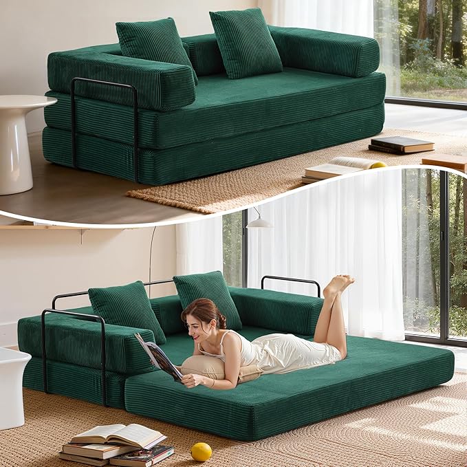 Convertible Floor Sofa Bed Fold Out Floor Couch with Pillow Back &amp Armrest Compressed Couch with Fixed-Shape Frame Corduroy Foldable Sleeper Sofa Bed for Living Room Bedroom Dark Green
