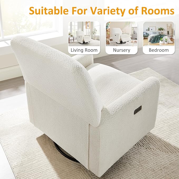 VANOMi Power Swivel Glider Recliner Chair Electric Nursery Rocker Recliner Chair USB &amp Type-C Charger Boucle White