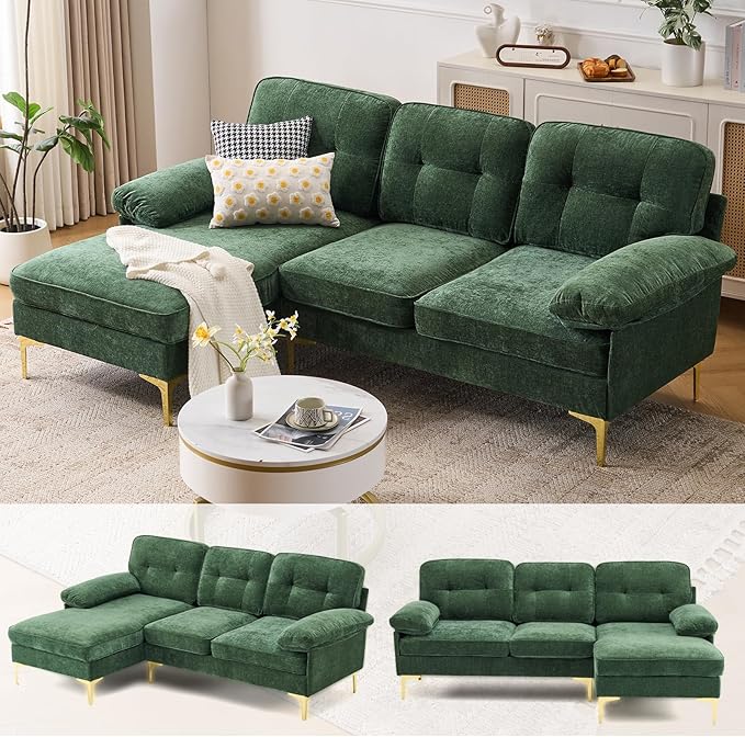 Sectional Couches for Living Room85 L-Shaped SofasModern Couch with Deep Seats &amp Chaise LongueRemovable Sofa Pillows WashableSofa for Apartments(ChenilleGreen)