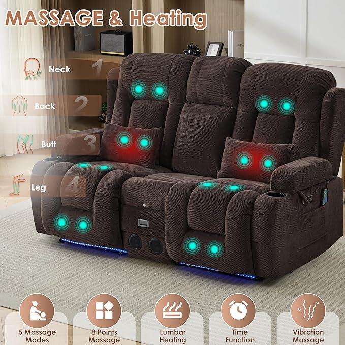 TUNYI Wall Hugger Loveseat Recliner Sofa with Console Power Reclining Loveseat RV Couch with Massage &amp Heat/USB/Outlet/Storage/LED Light/Speaker (Brown)